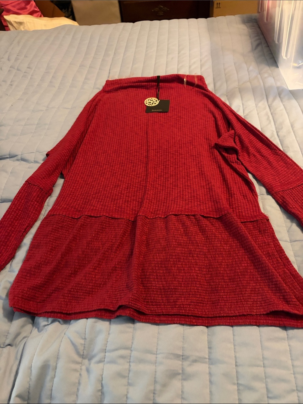bobeau Red Long-Sleeve Waffle Knit A-Line Tunic Dress